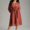 Plain Mesh Texture Keyhole Belted Lantern Sleeve Dress -Bloomchic Shop 969089282 mr