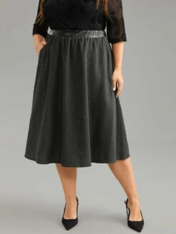 Solid PU Patchwork Pocket Elastic Waist Skirt -Bloomchic Shop 969291474 vl