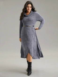 Plain Funnel Neck Heather Arc Hem Dress -Bloomchic Shop 969451903 bb