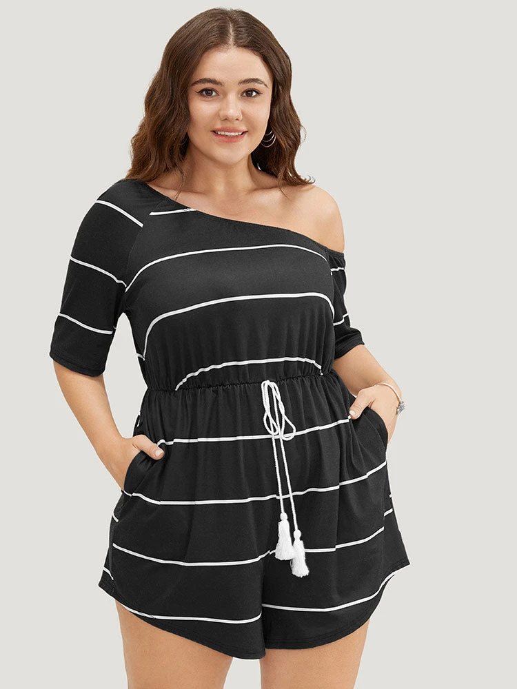 Striped Print Knot Pocket Tassels One Shoulder Romper 5 Striped Print Knot Pocket Tassels One Shoulder Romper - Image 3