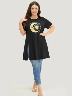 Moon & Letter Print Split Hem T-shirt -Bloomchic Shop 971852656 hd