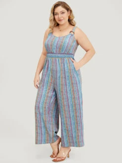 Striped Contrast Buckle Detail Pocket Shirred Jumpsuit -Bloomchic Shop 972777869 ig