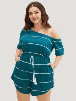 Striped Print Knot Pocket Tassels One Shoulder Romper 26 Striped Print Knot Pocket Tassels One Shoulder Romper -Bloomchic Shop 973893396 of