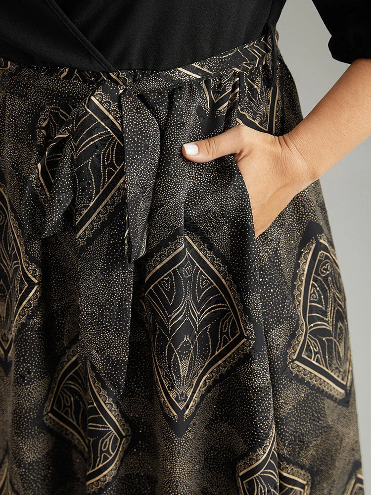 Chiffon Moroccan Print Glitter Belted Overlap Collar Dress 9 Chiffon Moroccan Print Glitter Belted Overlap Collar Dress - Image 7