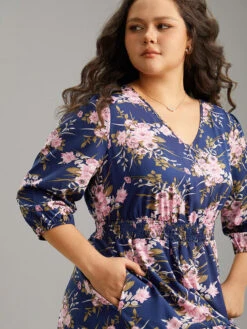 Floral Print Shirred Elastic Cuffs Dress -Bloomchic Shop 974428864 jj