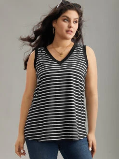 V Neck Striped Contrast Trim Tank Top -Bloomchic Shop 975185101 he