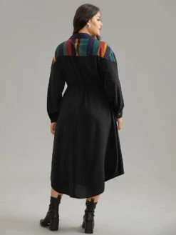 Striped Contrast Drawstring Button Detail Shirt Collar Dress -Bloomchic Shop 976512449 rk