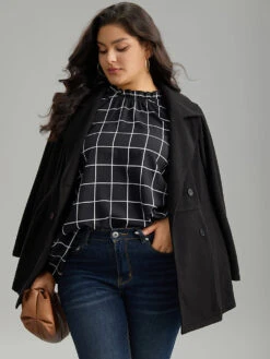 Plaid Stand Collar Ruffles Lantern Sleeve Blouse -Bloomchic Shop 976605739 jz