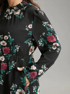 Floral Print Shirred Mock Neck Dress -Bloomchic Shop 976835457 ux