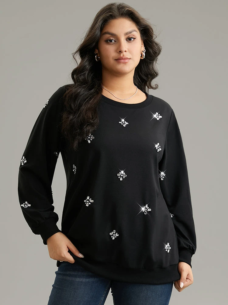 Beaded Floral Elastic Cuffs Sweatshirt 3 Beaded Floral Elastic Cuffs Sweatshirt