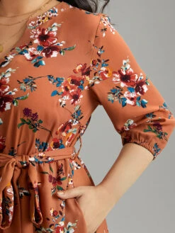 Floral Notched Belted Elastic Waist Dress -Bloomchic Shop 978153533 qe