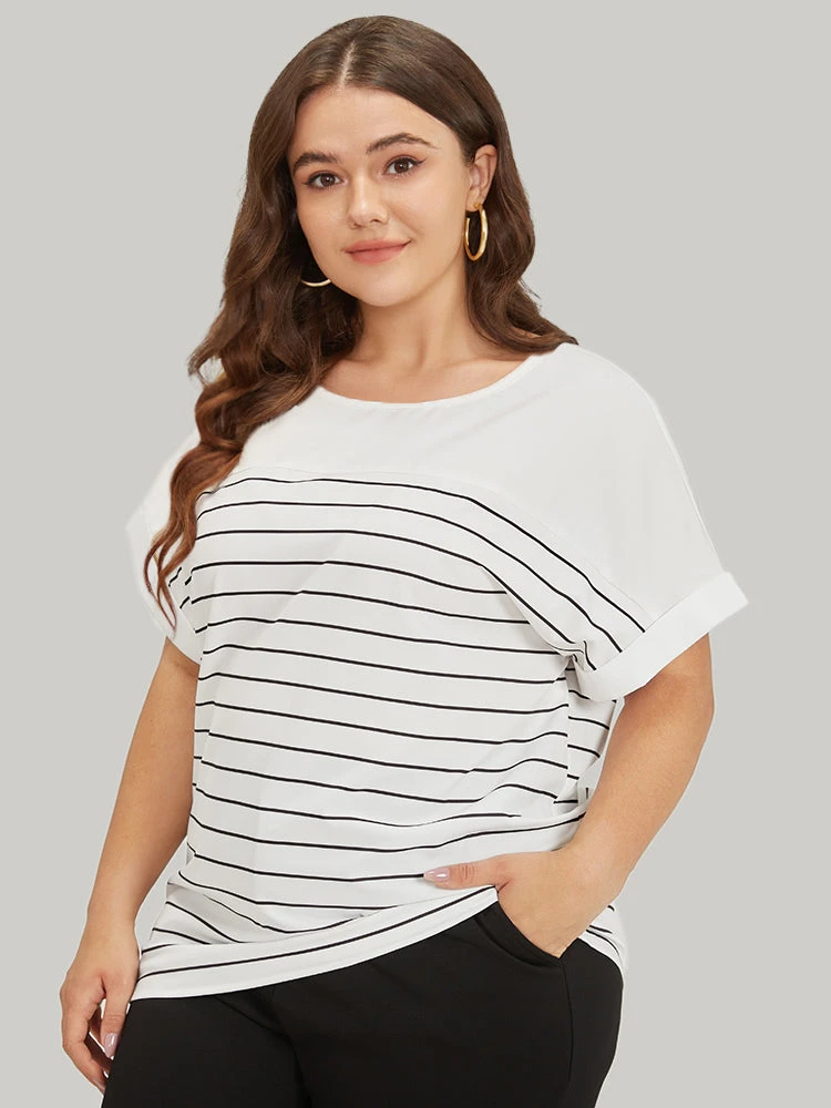 Striped Patchwork Roll Batwing Sleeve Blouse 4 Striped Patchwork Roll Batwing Sleeve Blouse - Image 2