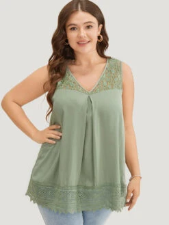 Plain Contrast Lace Pleated V Neck Tank Top