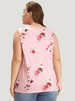 Floral Button Detail Round Neck Tank Top -Bloomchic Shop 981700923 bm