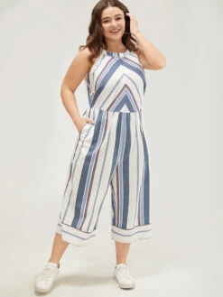 Striped Geometric Pocket Contrast Halter Neck Jumpsuit -Bloomchic Shop 982023374 sg