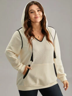 Contrast Hooded Tassel Trim Knit Sweatshirt -Bloomchic Shop 983985649 tf