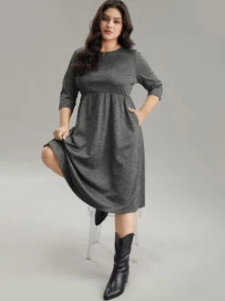 Plain Textured Pocket Elastic Waist Gathered Dress -Bloomchic Shop 984441928 rr