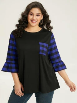 Plaid Patched Pocket Patchwork Contrast Bell Sleeve T-shirt 26 Plaid Patched Pocket Patchwork Contrast Bell Sleeve T-shirt -Bloomchic Shop 984707337 um