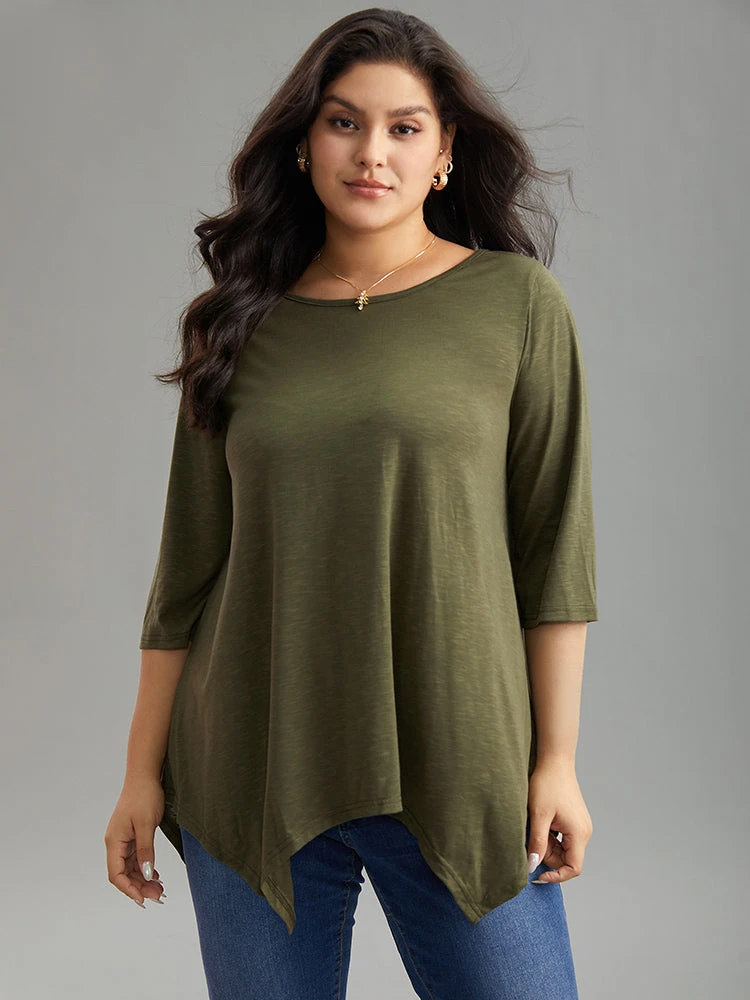 Plain Hanky Hem Crew Neck T-shirt 3 Plain Hanky Hem Crew Neck T-shirt