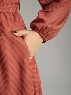 Plain Mesh Texture Keyhole Belted Lantern Sleeve Dress -Bloomchic Shop 987492125 ng