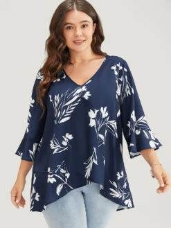 Floral Asymmetrical Hem Ruffle Trim Flounce Sleeve Blouse