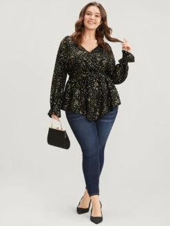 Star Print Lantern Sleeve Asymmetrical Ruffles Hem Wrap Blouse -Bloomchic Shop 987801170 xn