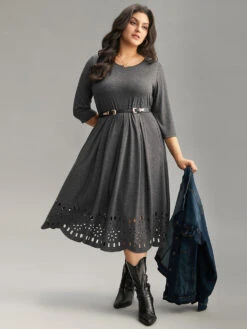 Plain Elastic Waist Laser Cut Crew Neck Dress