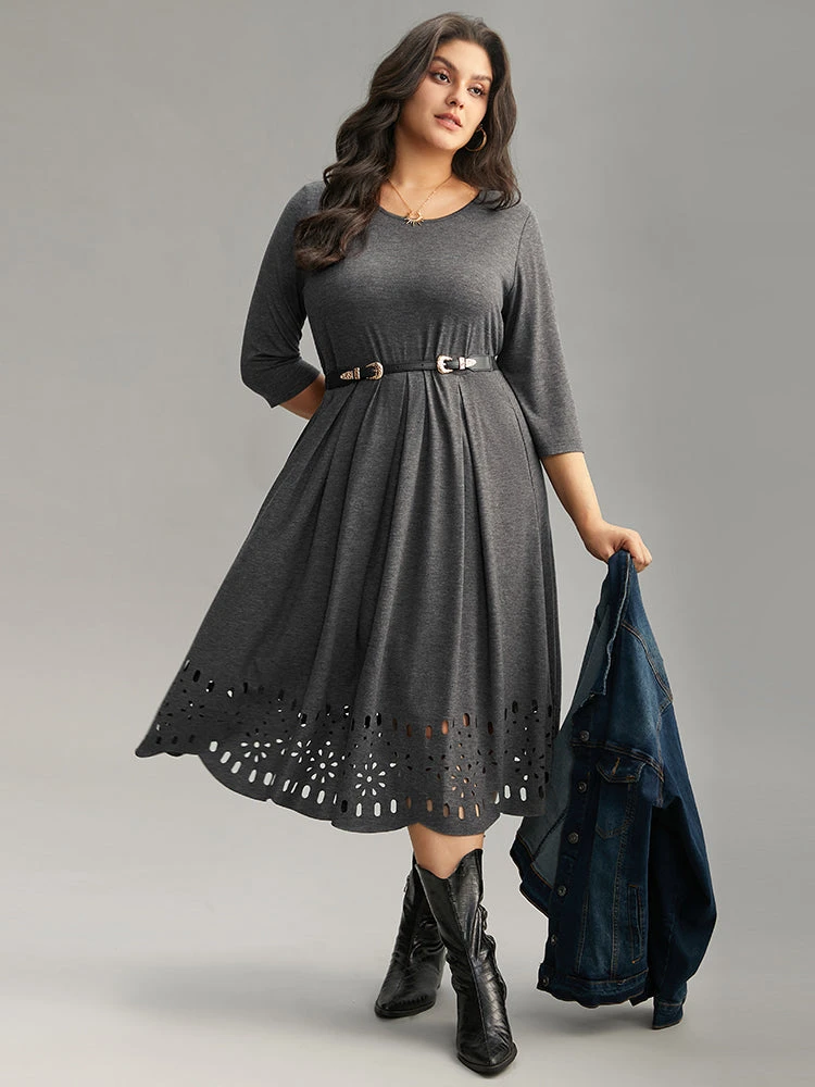 Plain Elastic Waist Laser Cut Crew Neck Dress 3 Plain Elastic Waist Laser Cut Crew Neck Dress