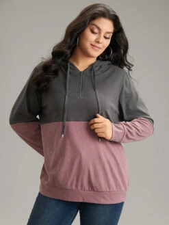 Colorblock Contrast Half Zip Hooded Sweatshirt