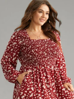 Ditsy Floral Square Neck Shirred Gathered Dress -Bloomchic Shop 990341468 zk