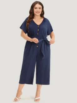 Solid Button Up V Neck Belted Gathered Flutter Sleeve Jumpsuit -Bloomchic Shop 990507024 if