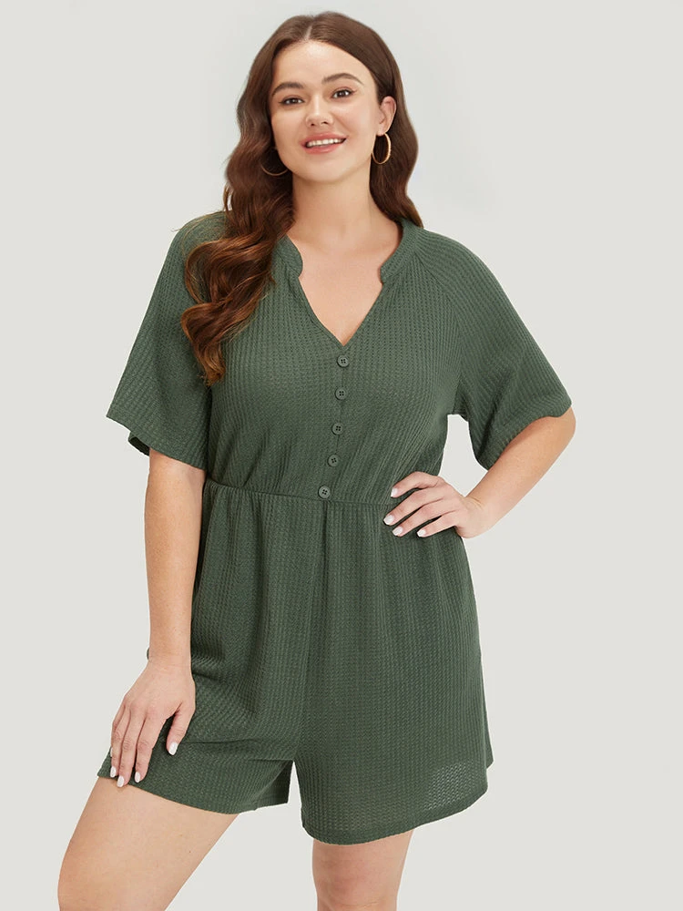 Plain Waffle Knit Pocket Button Detail Notched Jumpsuit 4 Plain Waffle Knit Pocket Button Detail Notched Jumpsuit - Image 2