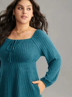 Rib Knit Ties Square Neck Lantern Sleeve Dress -Bloomchic Shop 993387611 lh