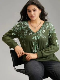 Plants Print V Neck Elastic Cuffs Sweatshirt -Bloomchic Shop 994167523 xn