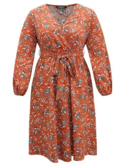 Floral Print Belted Elastic Cuffs Dress -Bloomchic Shop 994734323 um