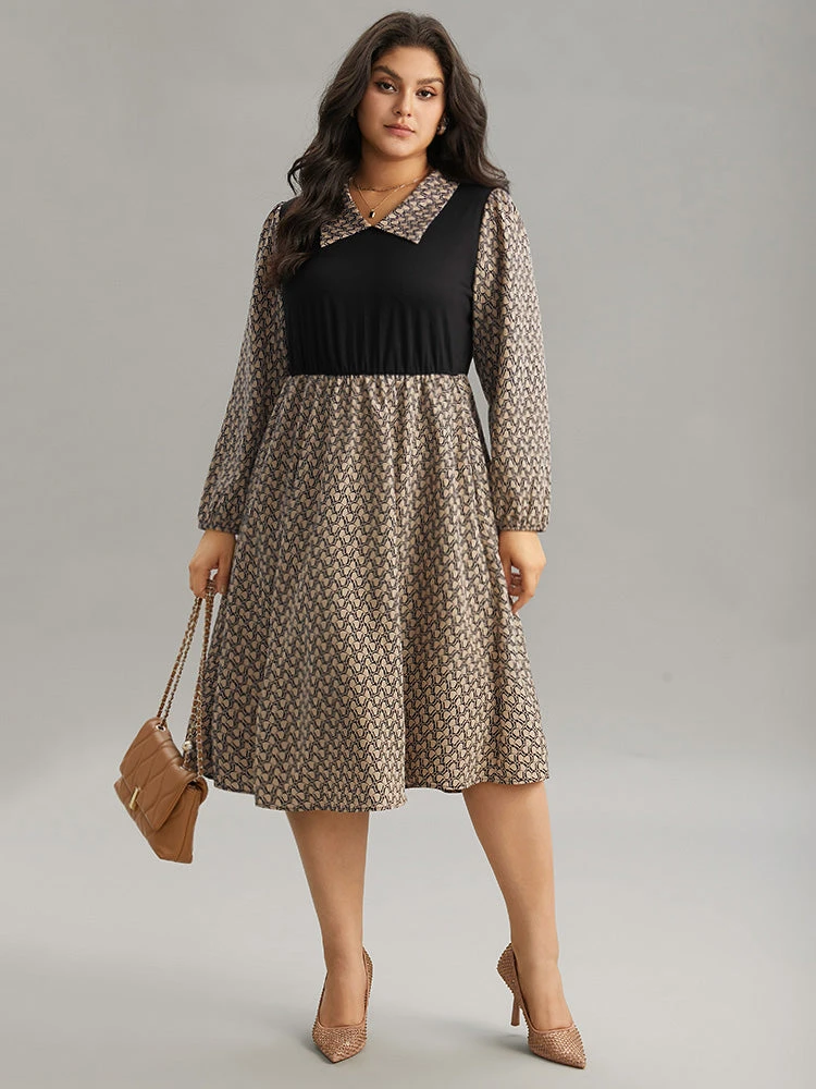 Geometric Patchwork Lapel Collar Lantern Sleeve Dress 3 Geometric Patchwork Lapel Collar Lantern Sleeve Dress