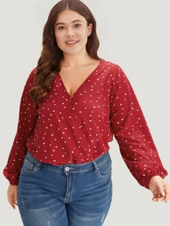 Heart Print Surplice Neck Lantern Sleeve Bodysuit 16 Heart Print Surplice Neck Lantern Sleeve Bodysuit -Bloomchic Shop 997594962 yf