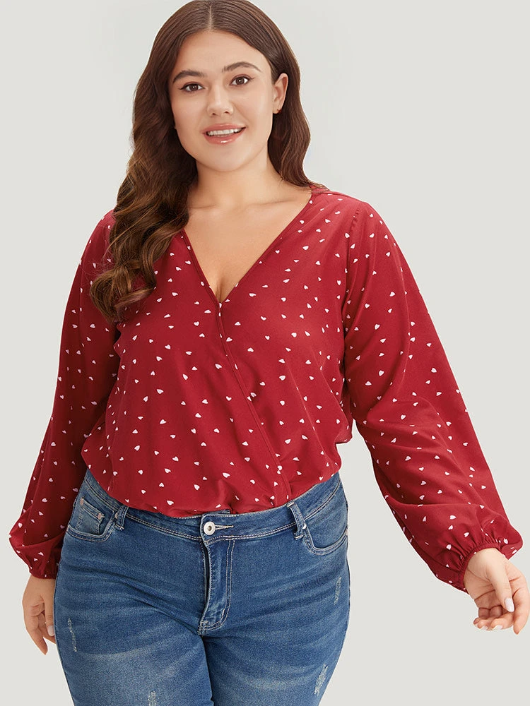 Heart Print Surplice Neck Lantern Sleeve Bodysuit 7 Heart Print Surplice Neck Lantern Sleeve Bodysuit - Image 5