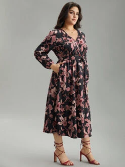 Floral Lantern Sleeve Belted Overlap Collar Dress -Bloomchic Shop 998223347 ia