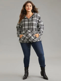 Plaid Half Zip Pocket Hooded Sweatshirt -Bloomchic Shop 998235960 ne