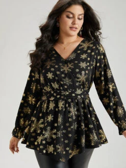 Glitter Snowflake Elastic Waist Ruched Wrap Blouse -Bloomchic Shop 998926697 dw