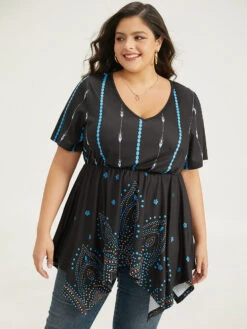 Boho Print Ruffles Hanky Hem T-shirt -Bloomchic Shop 999001696 jk