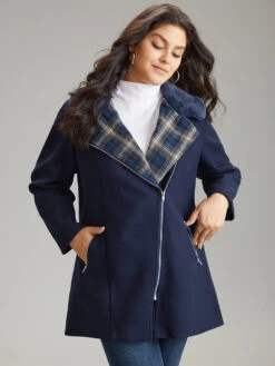 Plaid Asymmetrical Lapel Collar Patchwork Fuzzy Trim Coat