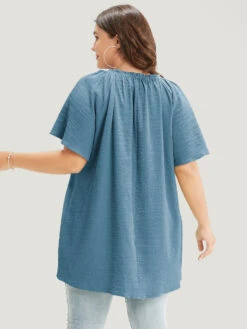 Plain Notched High Low Hem Ruffle Sleeve Frill Trim Blouse -Bloomchic Shop 999671337 ci